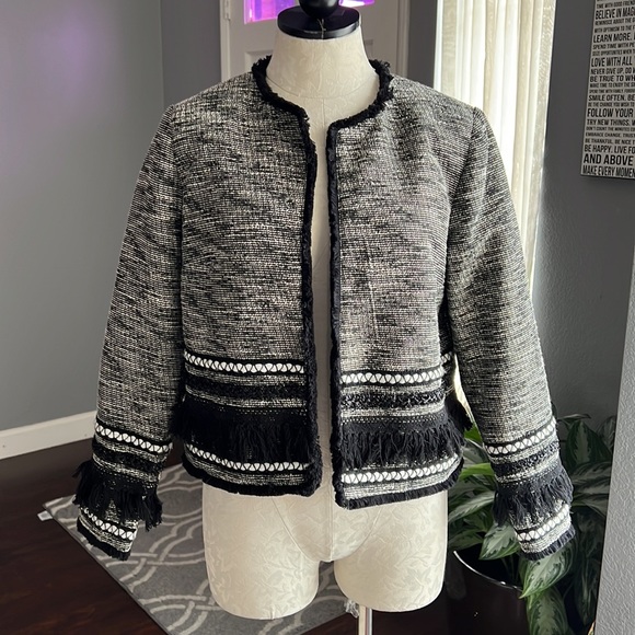 H&M Black White Tweed Like Fringe Trim Jacket - Picture 3 of 9